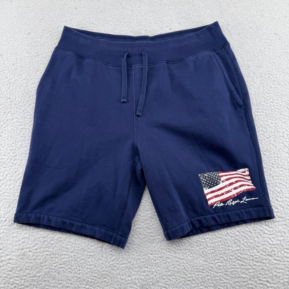 Polo Ralph Lauren USA Flag Shorts Mens Small Navy Blue Fleece Stretch Americana